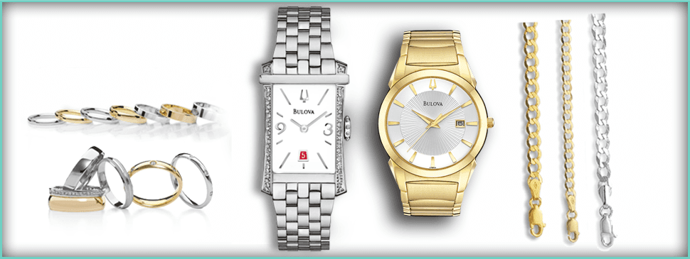 Collage of rings, necklaces, bracelets and watches