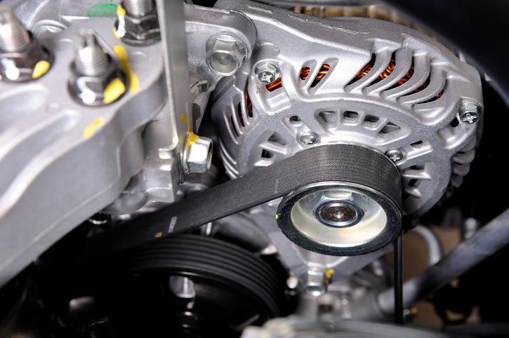 A close up of a car engine with a belt on it