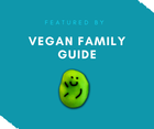 Featured by Vegan Family Guide blue logo with bean character
