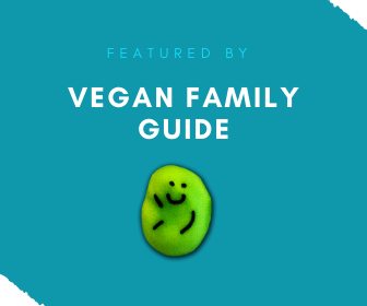 Featured by Vegan Family Guide blue logo with bean character