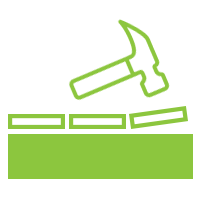 A green line drawing of a hammer hitting a piece of wood.