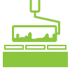 A green icon of a paint roller spreading paint on a wall.