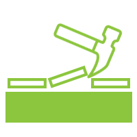 A green icon of a hammer hitting a piece of wood.
