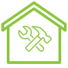 A green house with a wrench and hammer inside of it.