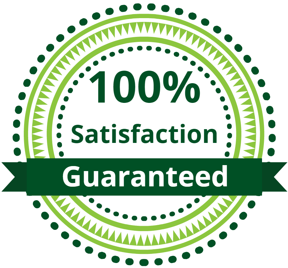 A green sticker that says 100 % satisfaction guaranteed