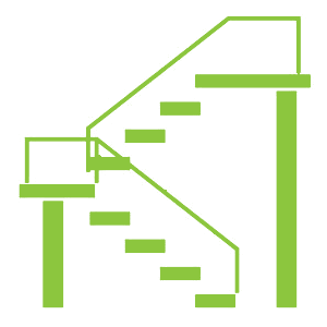 A green staircase with a railing on a white background.