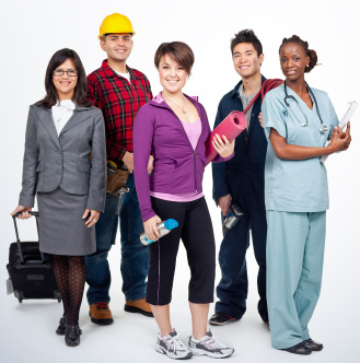 A group of people with different jobs standing together