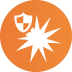 Orange shield with a white explosion symbol, representing safety and protection.
