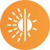 Orange circle with sunburst on left and full sun on right, divided by a vertical line.