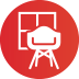 Red circle with a white icon of a chair in front of a window.