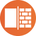 A white rectangular shape beside a brick wall, both within an orange circle.