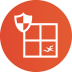 Orange circle with a shield icon over a window with a cracked pane.