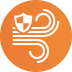Orange circle with a shield icon and wind streaks, suggesting wind protection.