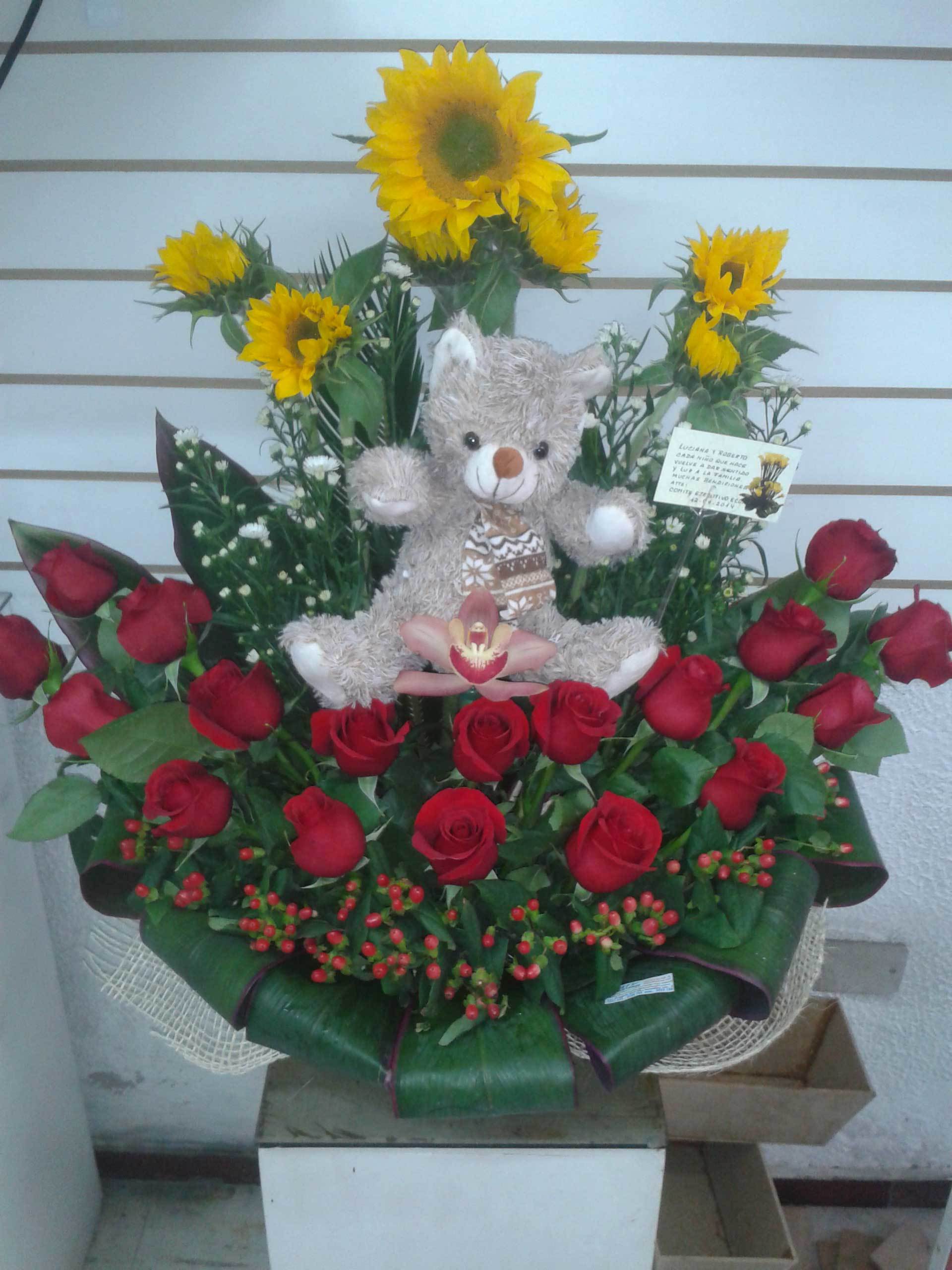 TATY FLORISTERIA - Rosas con girasoles, orquídea y peluche