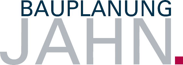 Logo von Bauplanung Jahn in Grau mit dem marineblauen Schriftzug „Bauplanung“ darüber. Ein kleines rotes Quadrat am Ende des Textes.