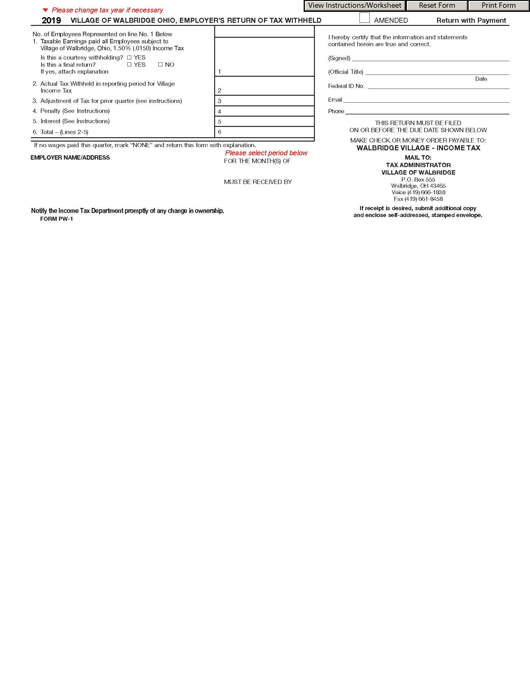 Village of Walbridge Employer Withholding Form W1
