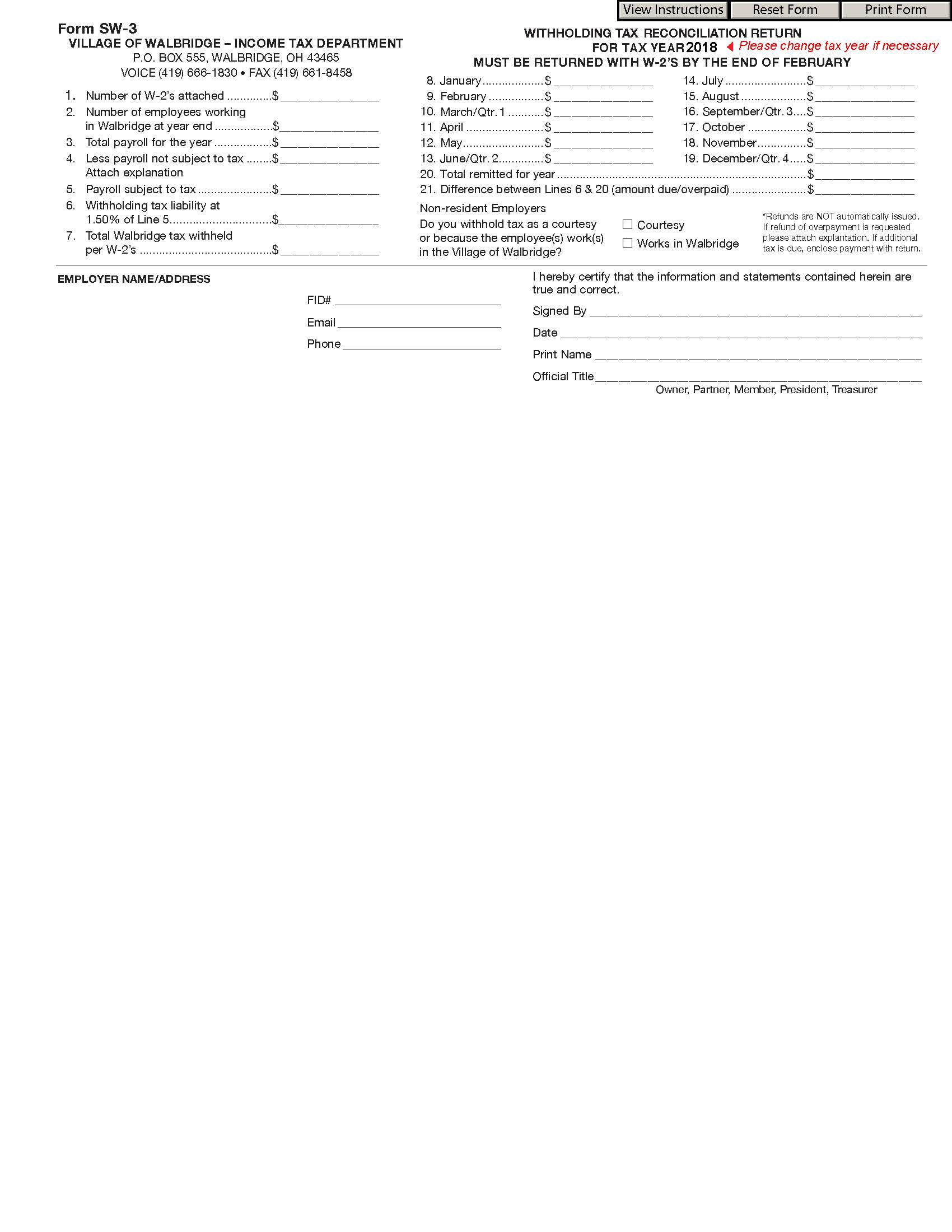 Village of Walbridge Employer Withholding Form W3