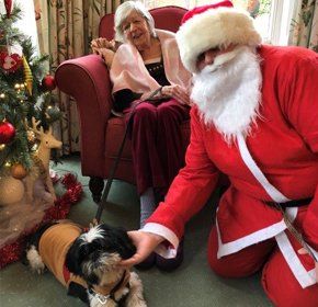 carers assisting elderly people with green leaves decoration