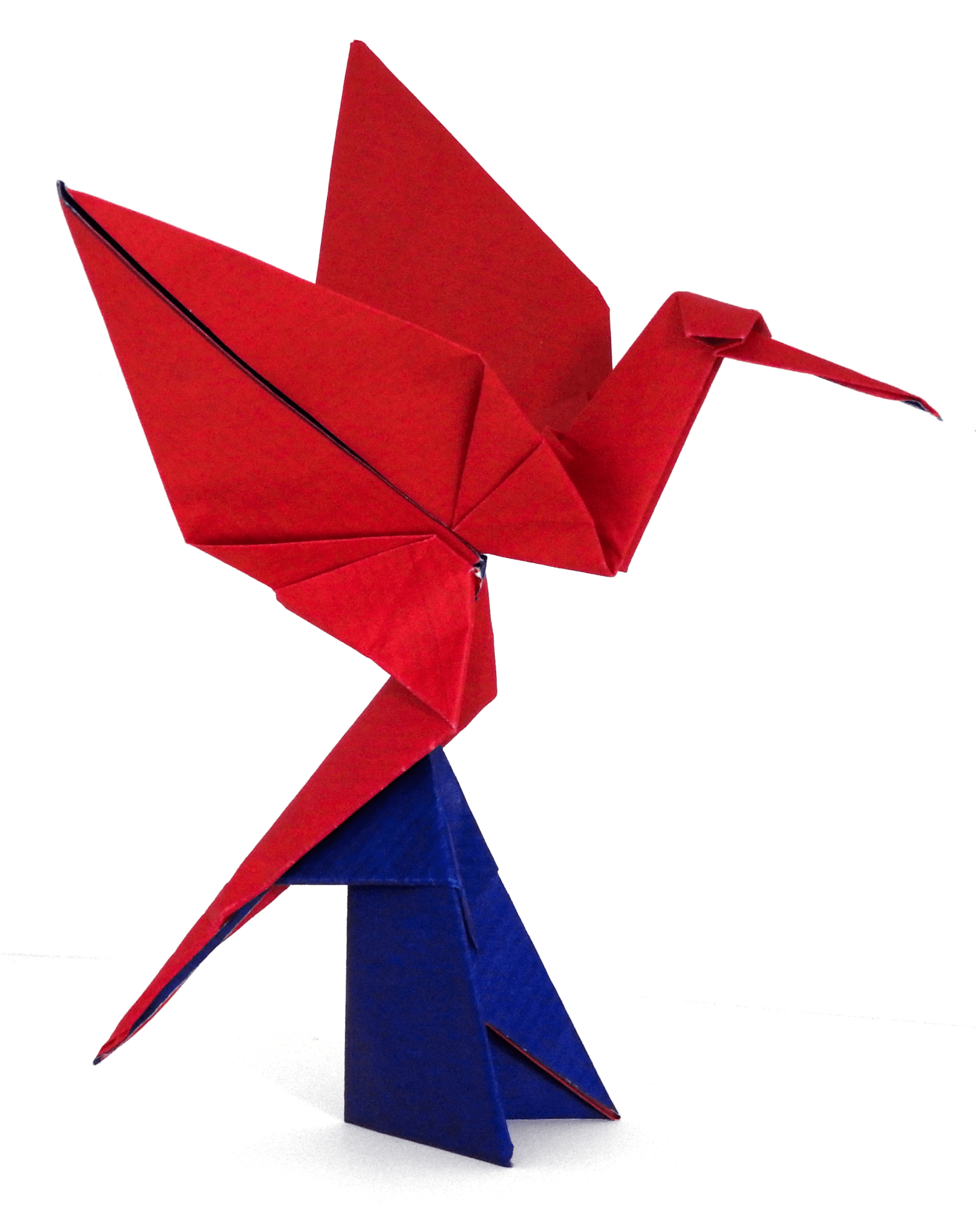 A red peace crane on a blue stand