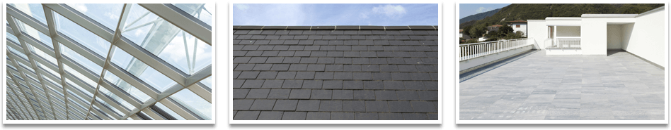 banner Three-panel collage of a glass roof structure, dark roof shingles, and a white rooftop deck.