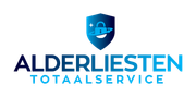 Het logo van ALDERLIESTEN TOTAALSERVICE in blauw met een schildpictogram en tekst op een witte achtergrond.