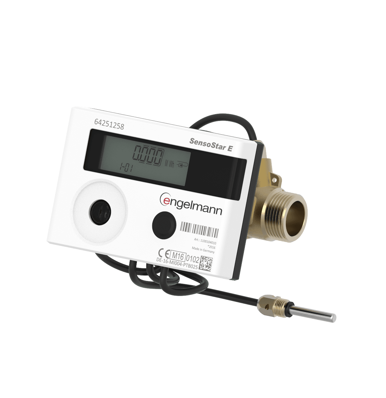 Weißer Heizkostenverteiler mit Display und Messingstecker, schwarzer Fühler angeschlossen.