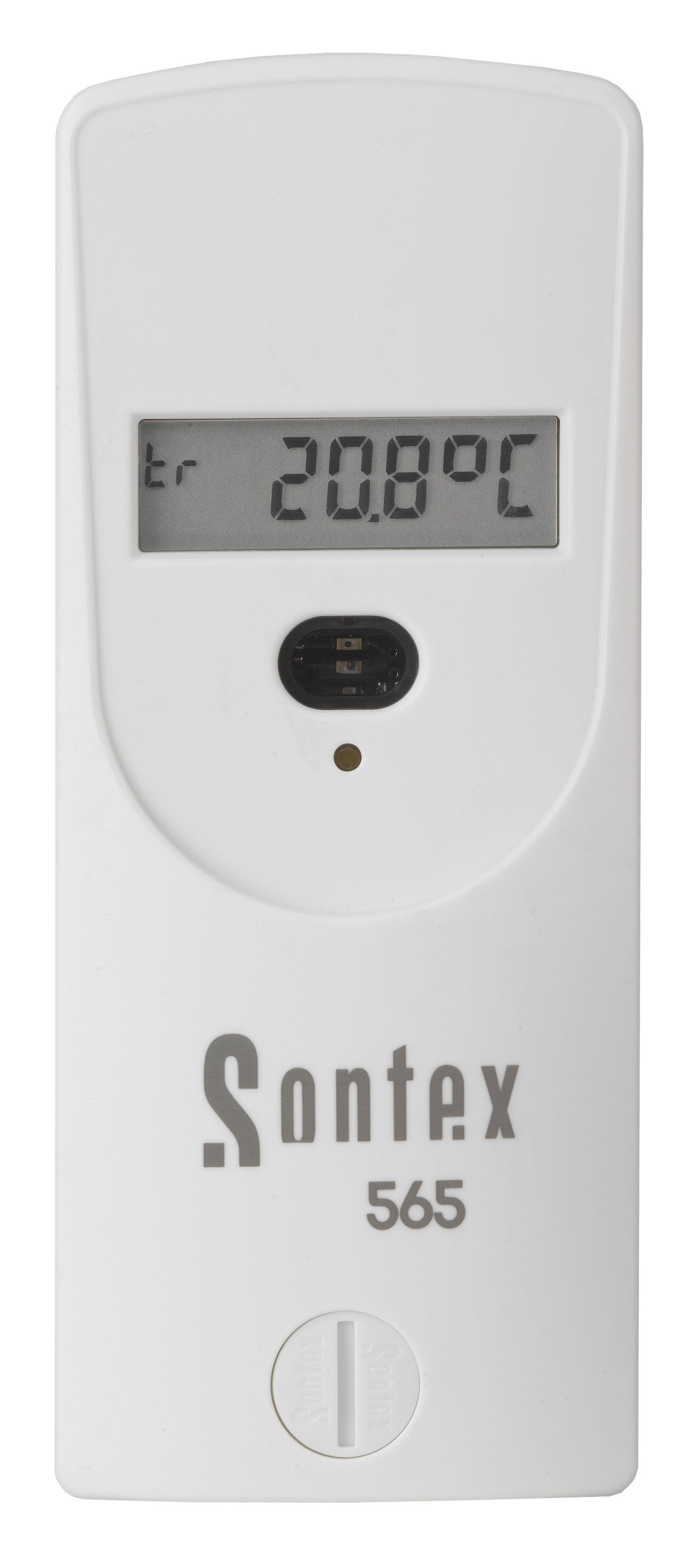 Weißes Sontex 565-Thermometer mit einer Anzeige von 20,8 °C. Mit Display, Taste und Batteriefach.