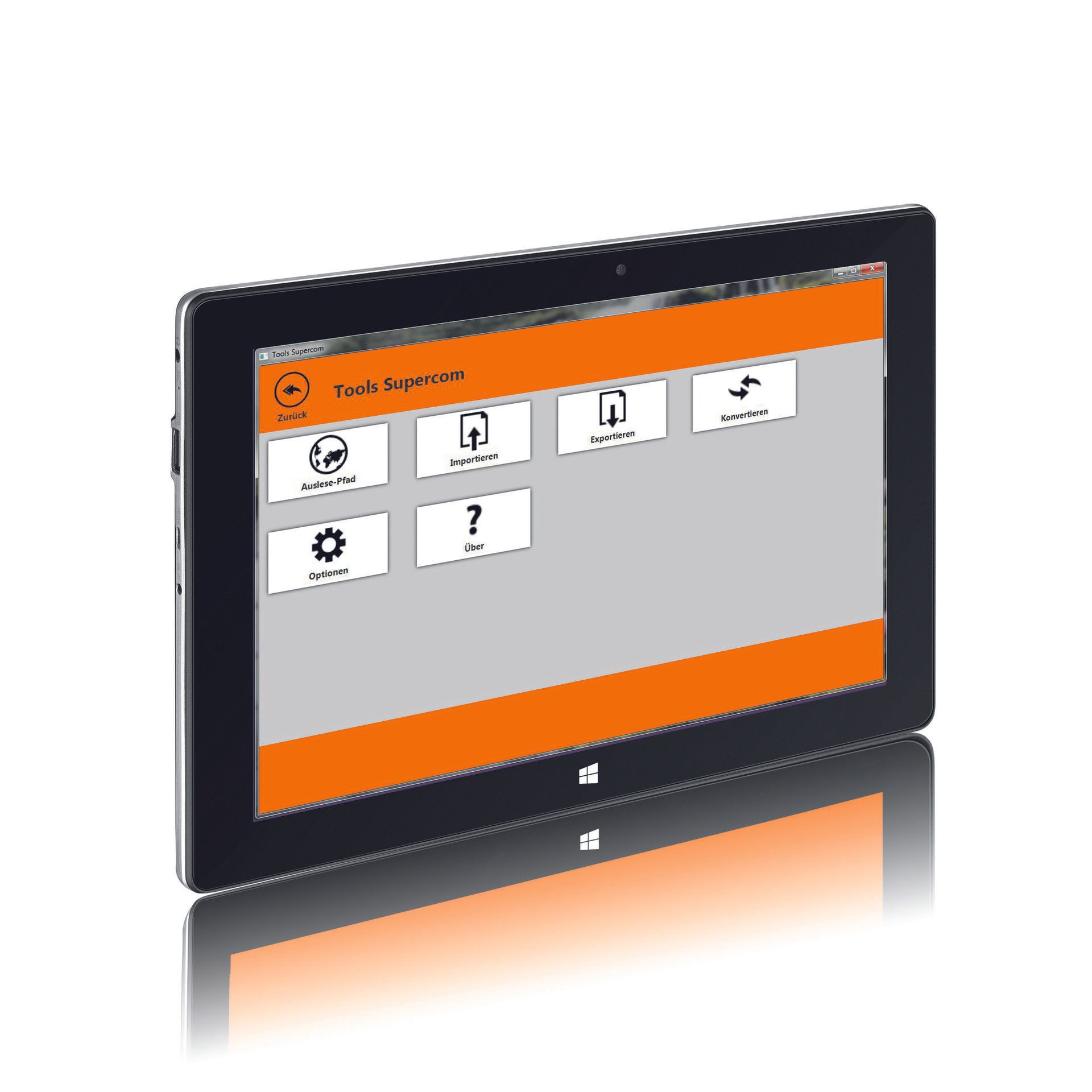 Tablet mit App-Oberfläche; orange und weiß mit Symbolen.