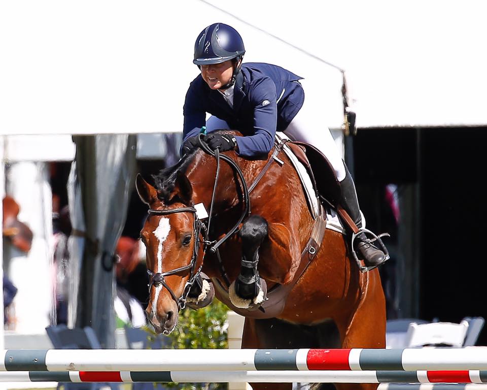 A woman is riding a brown horse over a hurdle.