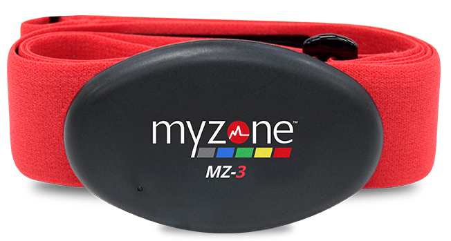 A myzone mz-3 heart rate monitor on a red strap