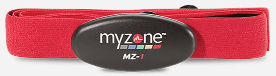 A red strap with a black button that says myzone on it.