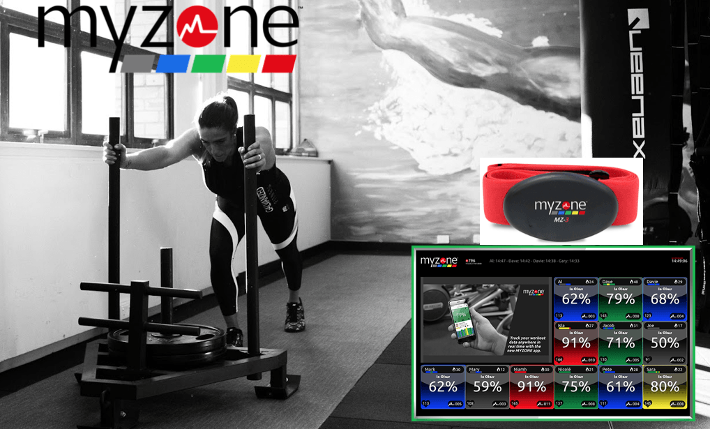 A woman is pushing a sled with a myzone logo in the background