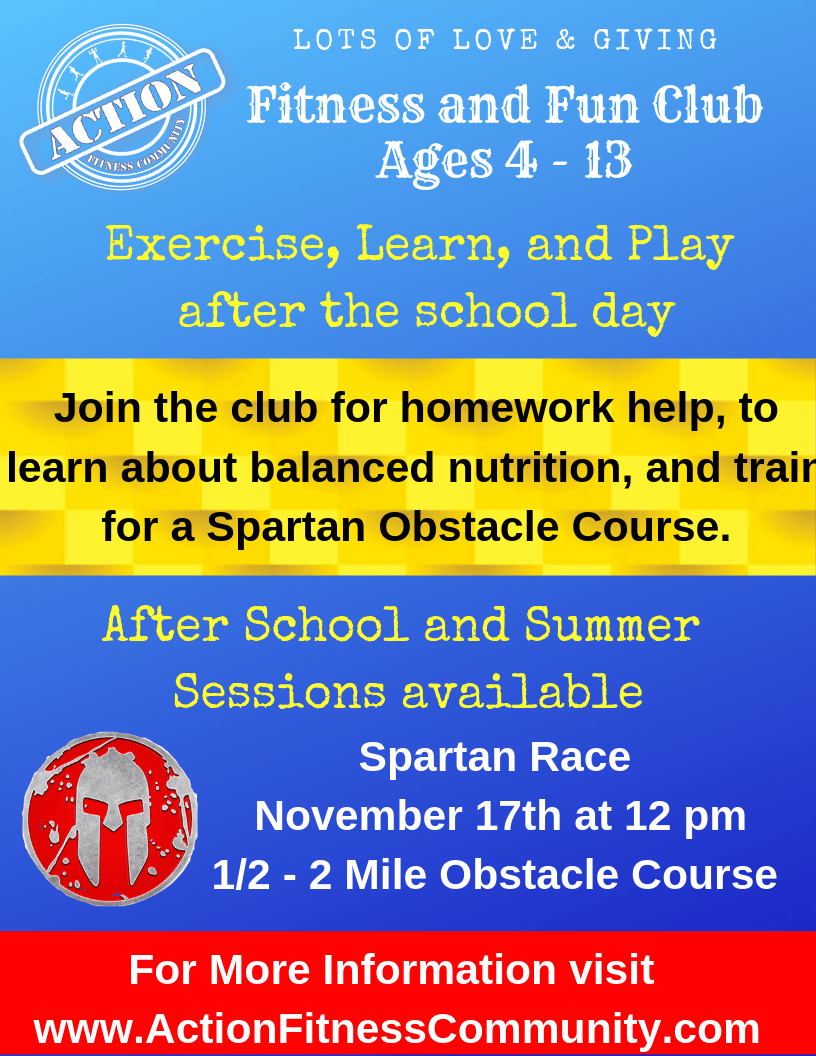An advertisement for a fitness and fun club for ages 4-13