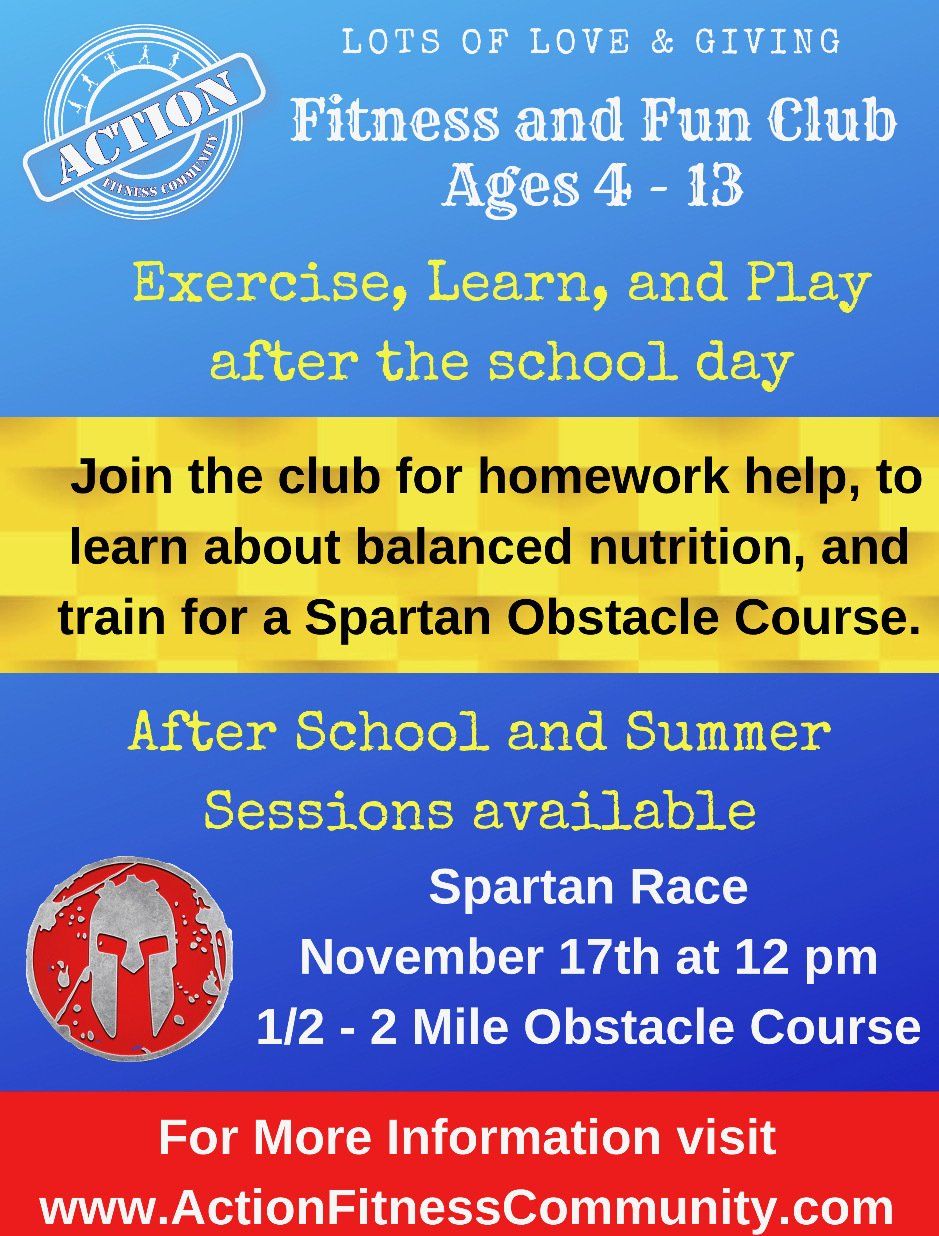 An advertisement for a fitness and fun club for ages 4-13