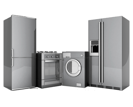 Quatre appareils de cuisine gris : réfrigérateur, four, lave-linge et réfrigérateur avec distributeur d'eau.