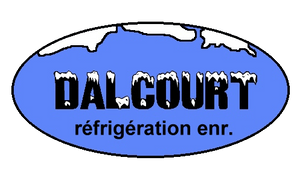 Logo ovale : « DALCOURT » en noir gras, « réfrigération enr. » en dessous, fond bleu avec sommet enneigé.