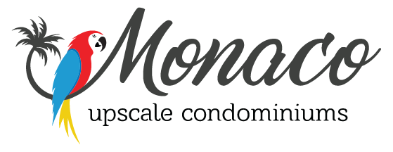 A logo for monaco upscale condominiums with a parrot and palm tree.
