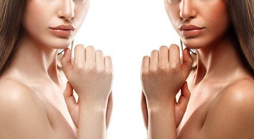 Lips and nose of a  woman with before and after difference