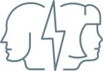 Outlined profiles facing away with a lightning bolt between them, symbolizing conflict or disagreement