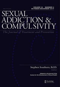 Black journal cover titled “Sexual Addiction & Compulsivity” with blue dotted spiral on dark background