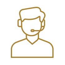 Line-art icon of a customer support agent wearing a headset in gold outline