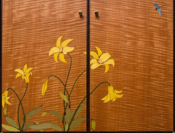 Lily Cabinet detail Wenge, Vavona, Honduran Mahogany, Dyed Poplar, Mother Of Pearl, Abalone, and Ebony