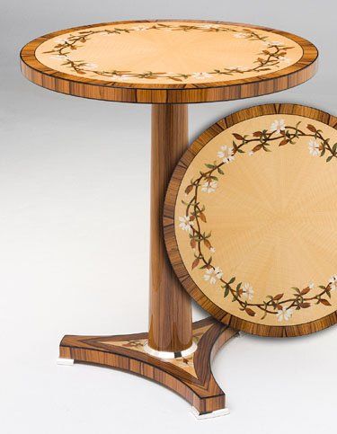Campion Table Pau Ferro, Figured Satinwood, Holly, Ebony, Poplar, Dyed Poplar, Silver, and Aluminum
