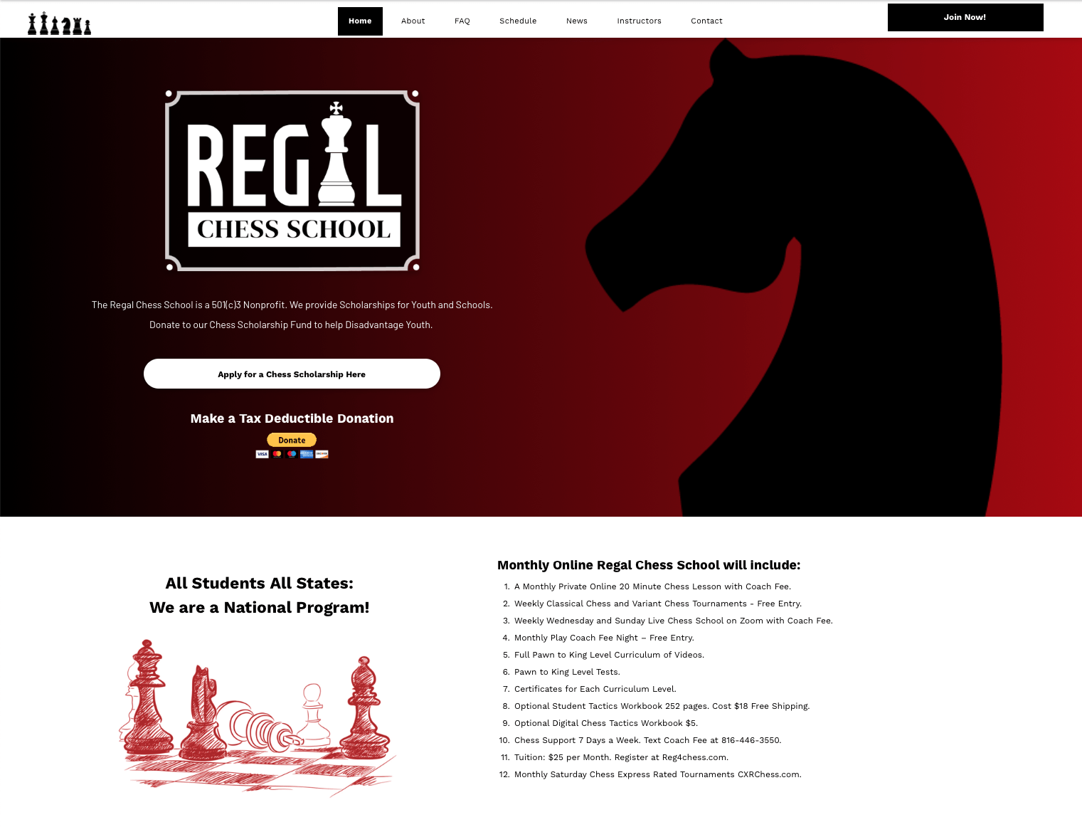 A website for regal chess school with a silhouette of a horse