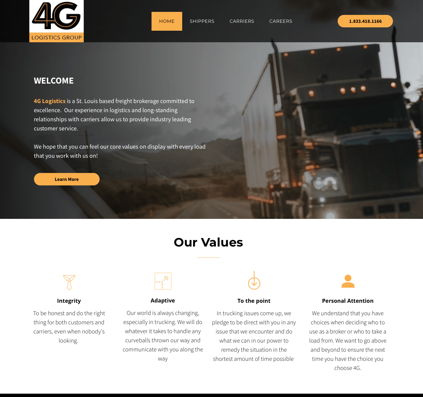 A website with a picture of a truck on the homepage.