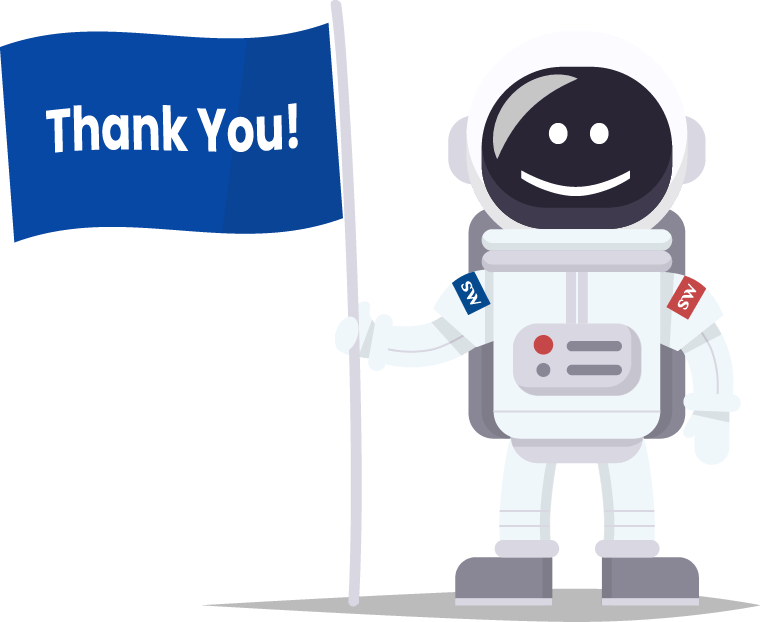 A robot is holding a flag that says thank you.