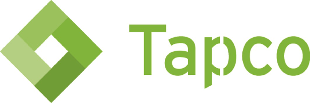 A logo for tapco with a green diamond in the middle
