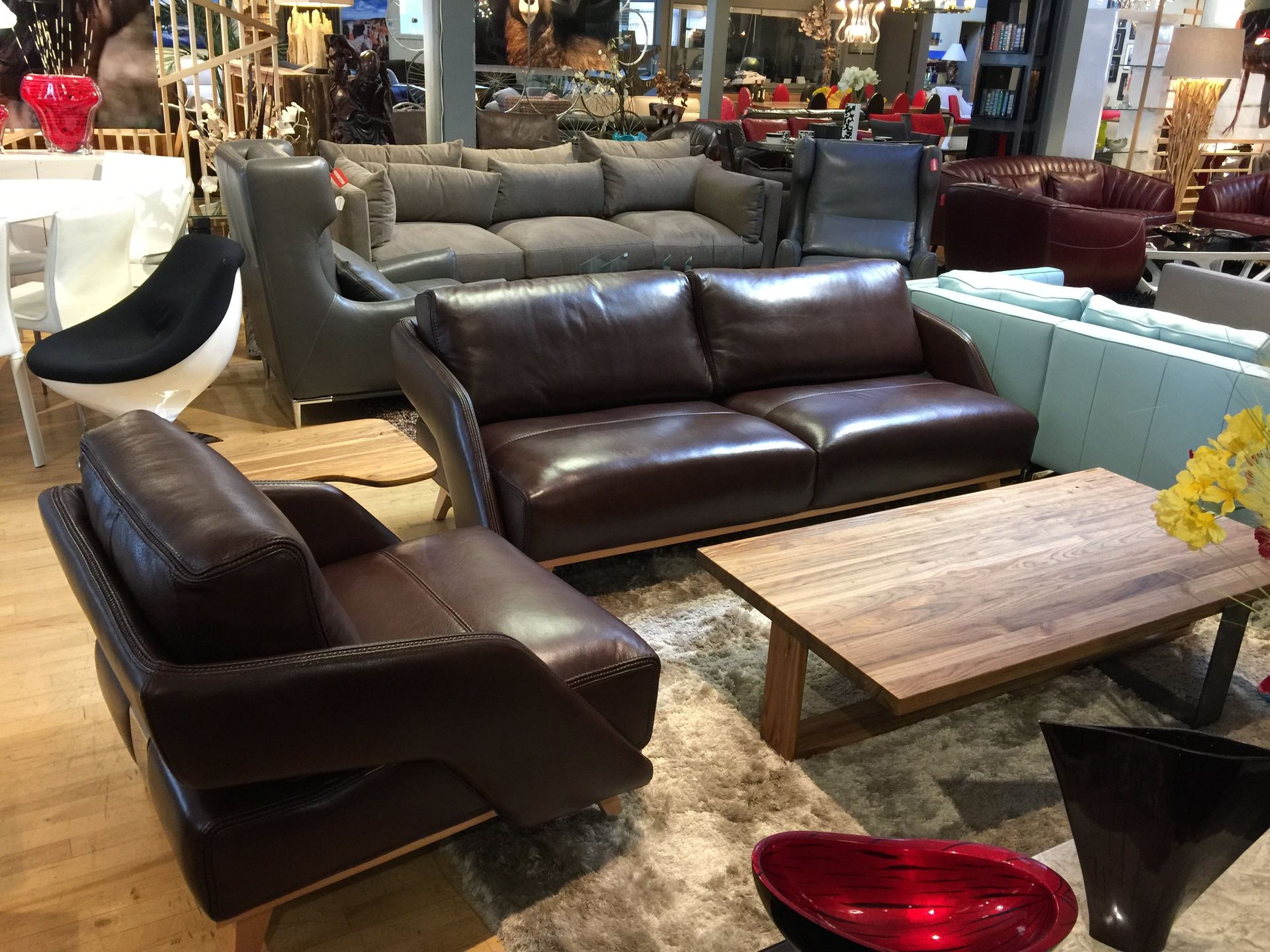 modern brown leather love seat and chair