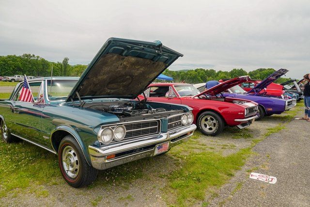 A row of cars with their hoods up are parked in a grassy field.