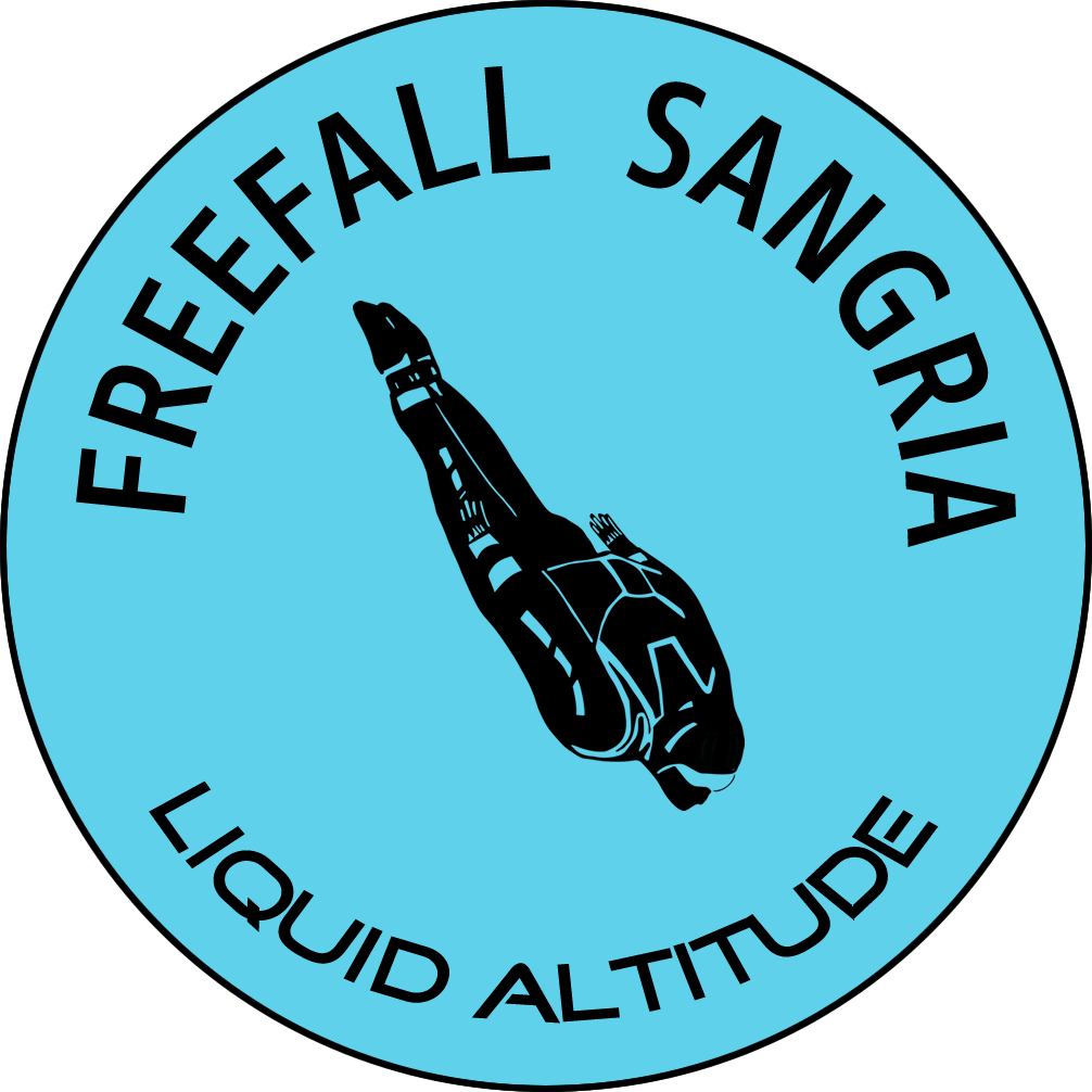 A blue circle with the words freefall sangria liquid altitude